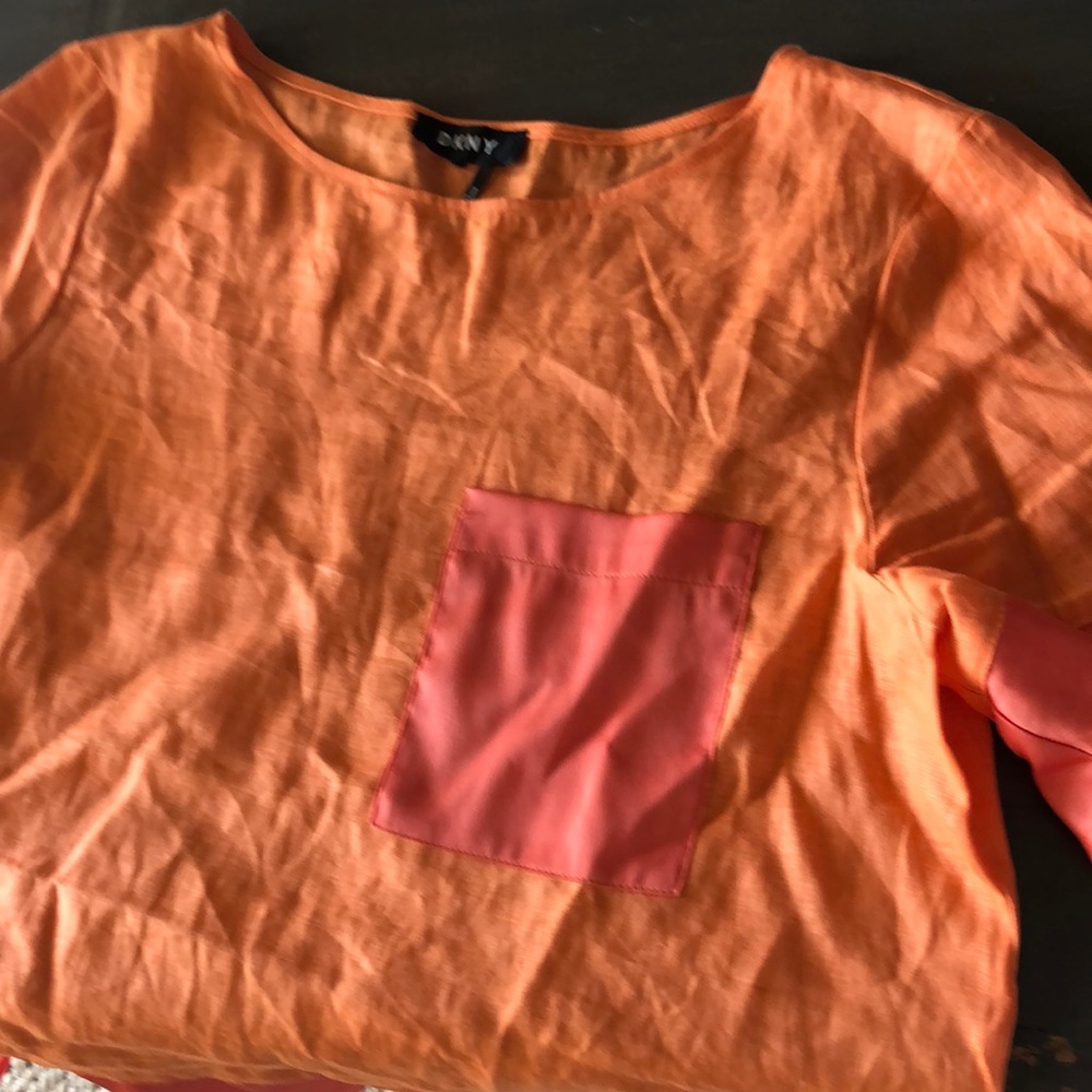 DKNY linen silk bell sleeve top melon + orange.